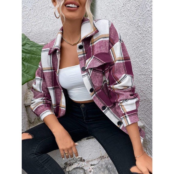 Plaid Flap Pocket boyfriend shacket trucker jacket blue tan white - Picture 7 of 15